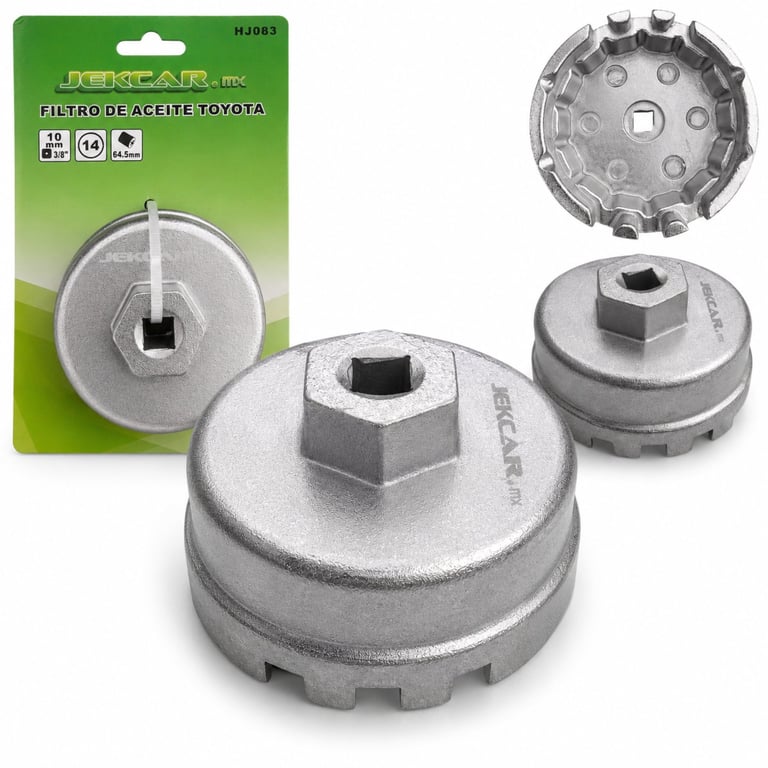 Toyota oil filter wrench set showing three metal filter removal sockets and green packaging