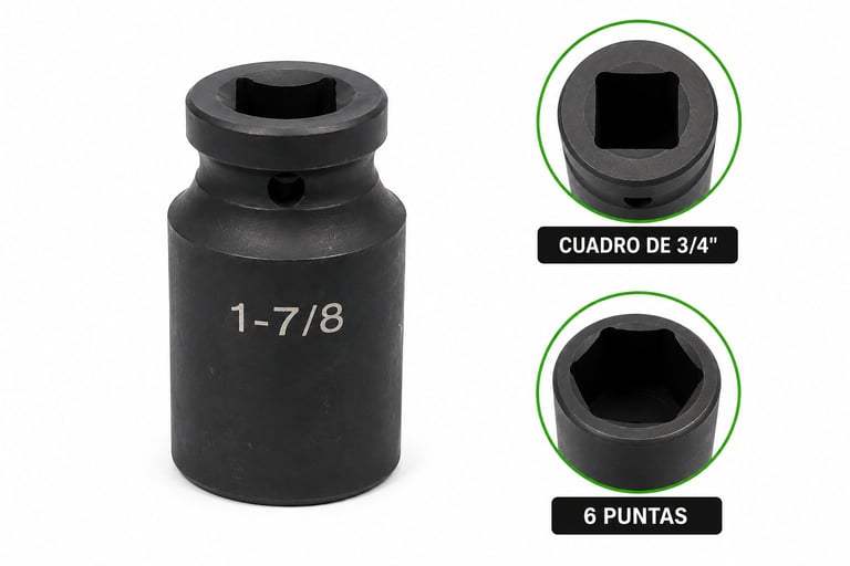 Black impact socket 1-7/8 with 3/4 inch square drive and 6-point design, showing close-up views of socket end