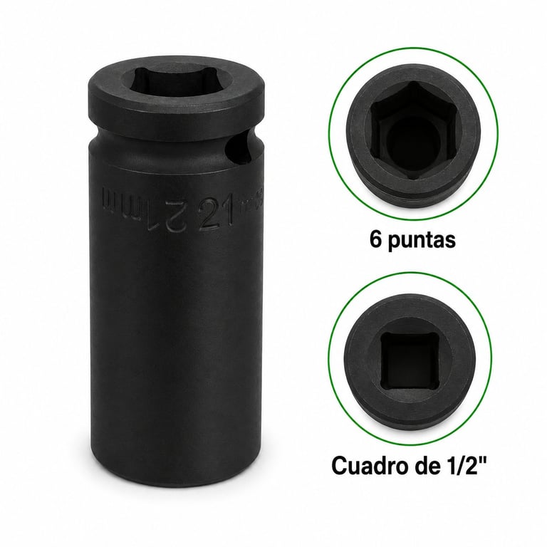 Black impact socket wrench showing 6-point and 1/2 inch square drive end configurations from top and side views