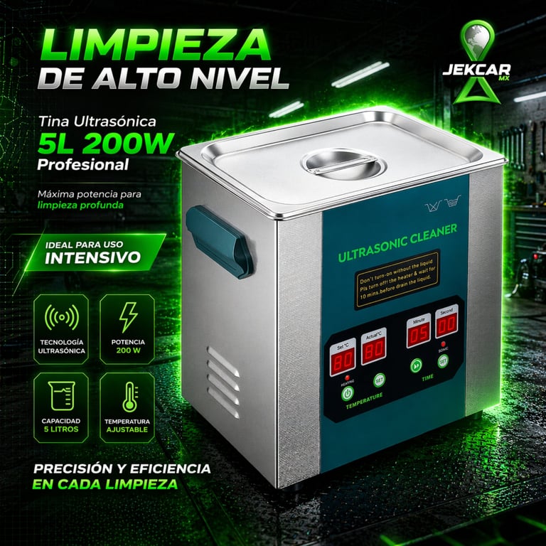 Professional ultrasonic cleaner JEKCAR 5L 200W with digital controls and adjustable temperature, marketed for intensive industrial use