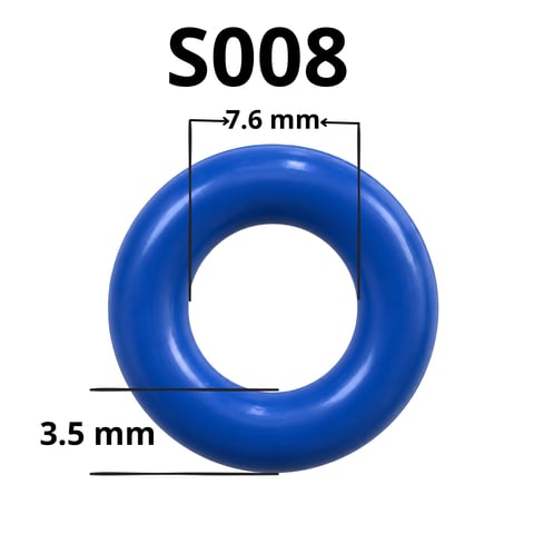 Blue rubber ring S008 with 7.6mm outer diameter and 3.5mm thickness, displaying product dimensions