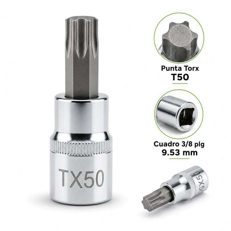 TX50 Torx socket bit with T50 tip and 3/8 drive, showing detailed close-up of the tool head and specifications