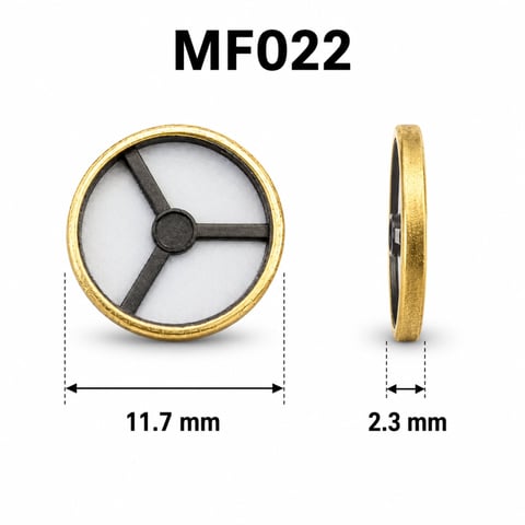 MF022 watch movement component, front and side view, showing 11.7mm diameter face with three-spoke wheel and 2.3mm thickness