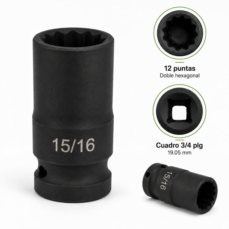 Black 15/16 impact socket with 12-point double hexagonal drive and 3/4 inch square drive shown with detail views