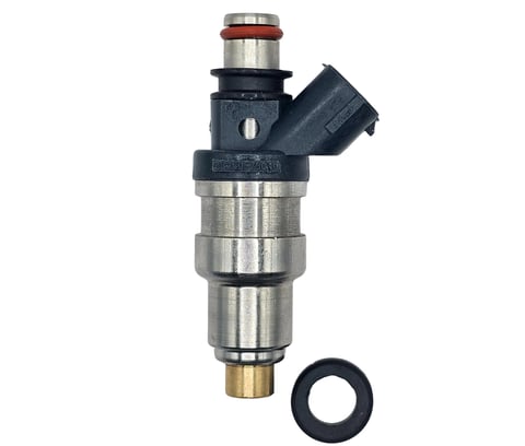 Fuel injector with black connector tip, metallic body, and rubber seal ring component