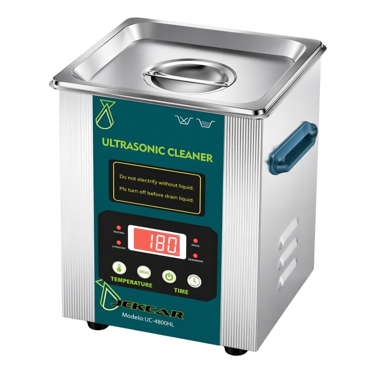Digital ultrasonic cleaner with teal control panel, stainless steel lid and tank, featuring temperature and timer controls