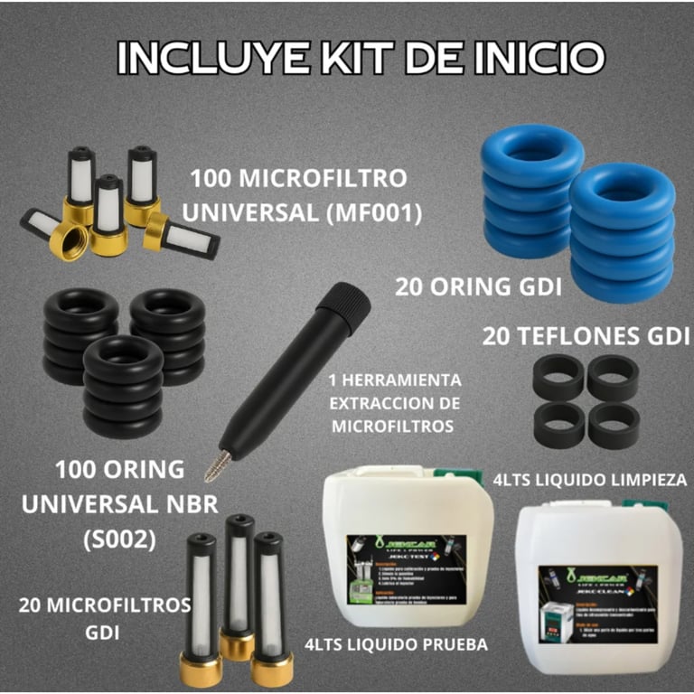 Startup kit components displayed with filters, o-rings, cleaning liquids, and extraction tool labeled in Spanish
