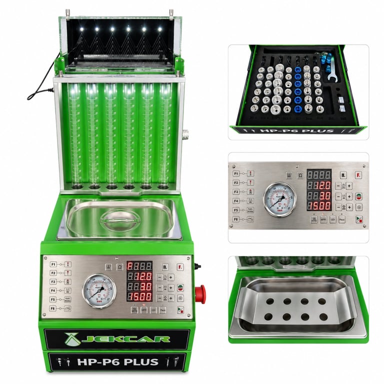 Green fuel injector cleaning machine HP-P6 Plus with display panel and multiple component views showing injector cartridges and testing tray