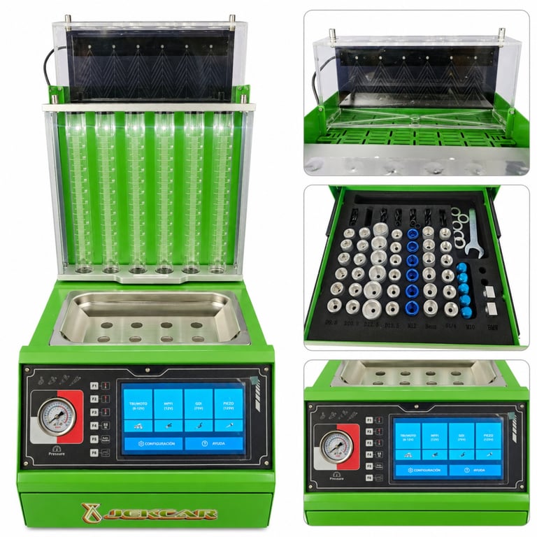 Green ultrasonic fuel injector cleaner machine with control panel and expandable cartridge system showing multiple views