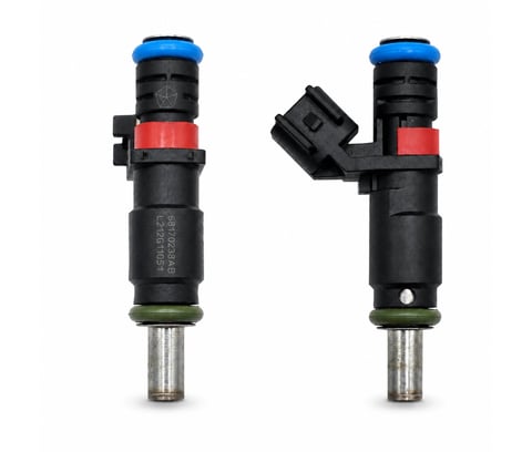 Two black fuel injectors with blue caps and red bands shown from different angles