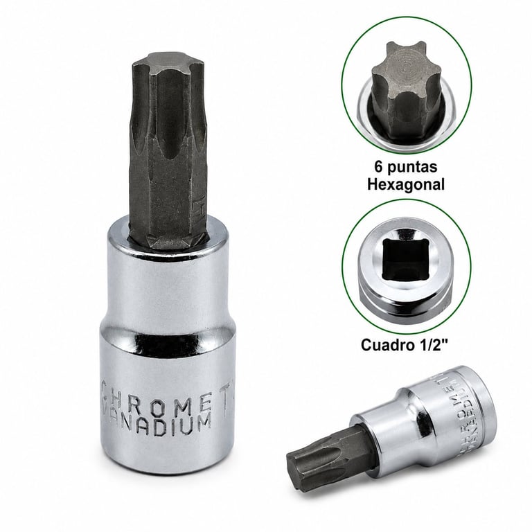 Chrome socket bit set showing hexagonal 6-point and 1/2 inch square drive bits with detailed close-up views