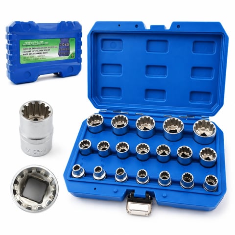 Blue socket wrench set with multiple steel sockets in carrying case, including individual socket samples