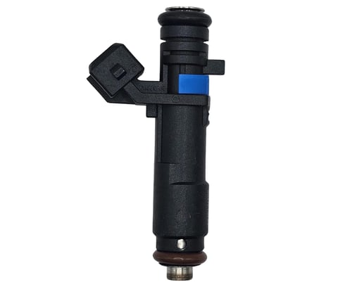 Black fuel injector with blue connector and metal base on white background