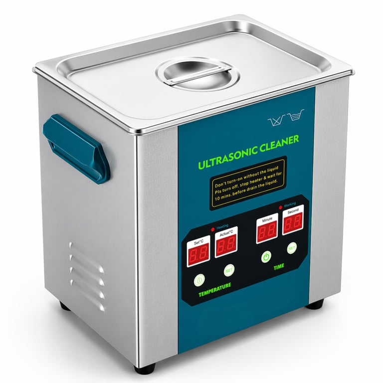 Compact ultrasonic cleaner with stainless steel housing, digital control panel with LED displays, and hinged cover