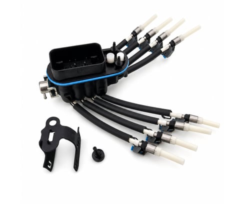 Black fuel injector kit with mounting bracket, multiple fuel lines with injectors, and installation hardware