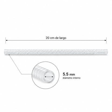 Flexible plastic tubing 20 cm long with 5.5 mm inner diameter, shown with magnified cross-section view