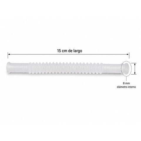 Flexible plastic tubing with measurements showing 15 cm length and 8 mm inner diameter