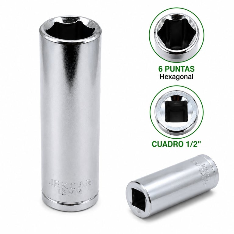 Socket wrench with hexagonal 6-point head and 1/2-inch square drive, shown from multiple angles