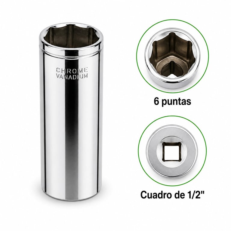 Chrome socket with 6-point hexagon and 1/2 inch square drive, showing close-up views of the socket head and drive end