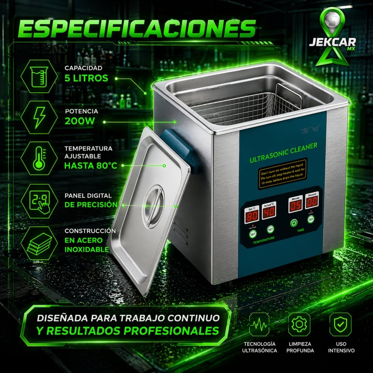 Ultrasonic cleaner with specifications: 5-liter capacity, 200W power, adjustable temperature up to 80°C, digital panel, stainless steel construction