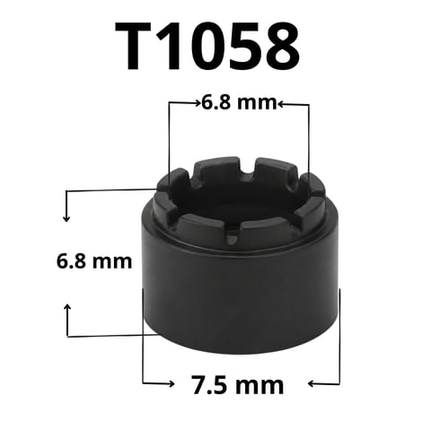 T1058 black cylindrical component with dimensional measurements: 6.8mm width and height, 7.5mm diameter