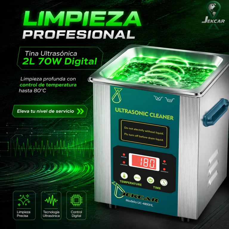 Professional 2L ultrasonic cleaner with digital display and temperature control, featuring green LED basin and stainless steel body