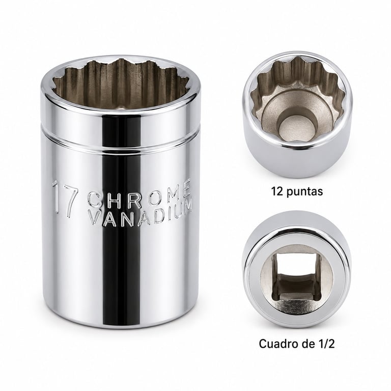 Chrome socket wrench set showing 17mm main socket, 12-point socket, and 1/2 inch square drive adapter