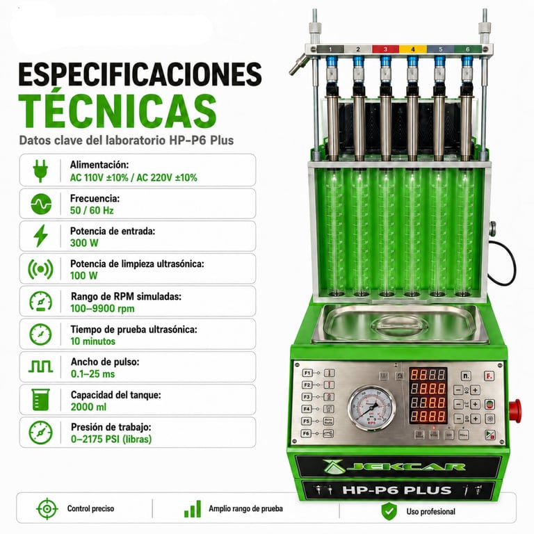 HP-P6 Plus green ultrasonic fuel injector cleaning machine with technical specifications displayed on left side